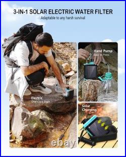 3-in-1 Solar Electric Water Filter Hand Pump Camping Water Filtration Portable