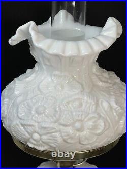 Fenton Glossy White Milk Glass POPPY Hurricane Table Lamp 18 in